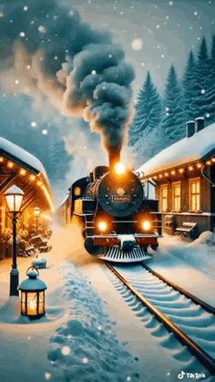 a painting of a train coming down the tracks in front of a snow covered station