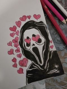 a drawing of a woman with hearts in her eyes and a hoodie over her head