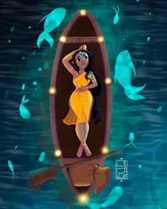 a woman in a yellow dress is floating on a boat with fish and lights around her