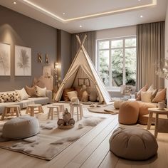 a living room filled with furniture and a teepee tent