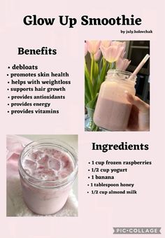 Glow Up Smoothie Healthy Juices And Smoothies, On The Go Smoothie Recipes, Good Skin Smoothie, Liquid Diet Smoothie Recipes, Smoothie Recipes And Benefits, Glow Smoothie Recipe, Smoothies That Actually Taste Good, Good Protein Smoothies, Skin Care Smoothie Recipes