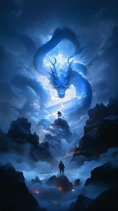 a man standing on top of a mountain next to a blue dragon in the sky