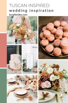 a collage of photos with flowers and desserts on them, including macaroons