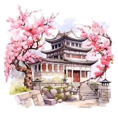 a watercolor painting of a building with cherry blossom trees