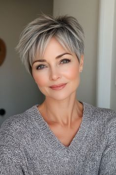 24 Thicker-Looking Hairstyle Ideas for Older Women with Fine Hair in 2 – CreativeBooster Pixie Hairstyles For Older Women, Tapered Haircut For Women, Tapered Pixie, Gray Highlights, Highlights Hairstyles, Haircut For Women, Tapered Haircut