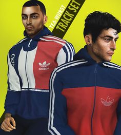 two men wearing adidas tracksuits in front of a yellow background