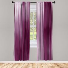 purple curtains hanging in front of a window with wood flooring and white wall paint