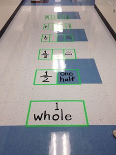 a long line of numbers on the floor in a school hallway with one half missing