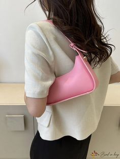 BirdinBag - Chic Solid Color Womens Handbag: Casual, Minimalist Design Casual Pink Baguette Bag For Everyday, Pink Baguette Bag For Everyday Spring Use, Pink Baguette Bag For Spring, Handheld Baguette Bag For Everyday Spring, Pink Solid Color Shoulder Bag For Everyday Use, Pink Everyday Baguette Bag With Double Handle, Everyday Pink Baguette Bag With Double Handle, Everyday Pink Double Handle Baguette Bag, Everyday Satchel Baguette Bag For Spring