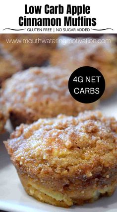 low carb apple cinnamon muffins on a white plate with text overlay