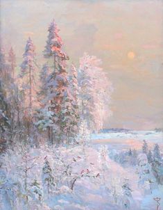 an oil painting of snow covered trees in the distance with a sun setting behind them