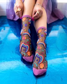 Sock candy pop art planets print sheer sock womens planets rainbow socks Purple Cuff, Black Sheer Fabric, Rainbow Socks, Sheer Socks, Sheer Fashion, Stocking Tights, Crew Sock, Blue Heels, Festival Vibes