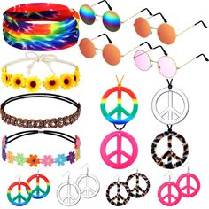 PRICES MAY VARY. Halloween Hippie Costume Accessory Set: the package contains a total of 16 pieces of hippie accessories, including 4 pairs of hippie glasses, 4 hippie headbands, 4 peace sign necklaces and 4 pairs of peace sign earrings; The rich combination allows you can freely match your hippie look, making you stand out in many events you attend Eye Catching Headbands: the hippie headbands can be easily adjusted and fixed on the hair, designed with vibrant colors and diverse designs, offerin 60s 70s Outfits, Hippie Glasses, Hippie Sunglasses, Peace Sign Earrings, Hippie Accessories, Hippie Headbands, Peace Sign Necklace, Women Costume, 70s Outfits