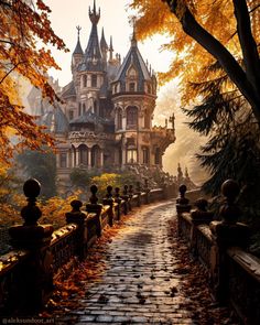 Fantasy Fall Aesthetic, Fairytale Architecture, Magical Architecture, Fantasy Castle City, Fantasy Autumn, Magical Buildings, Fantasy Street, Fantasy City Street, Autumn Street