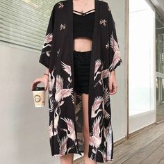 size(CM) Length Waistline Shoulder Bust Sleeve one size 105 / 57 118 47 Japanese Streetwear Women, Mode Kimono, Cardigan Kimono, Kimono Coat, Style Japonais, Japanese Streetwear, Womens Kimono, Long Kimono, Womens Tops Summer