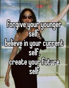 a woman in a black dress with her arms spread out and the words for give your younger self, believe in your current self, create your future self