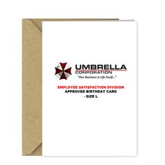 an employee birthday card with the words umbrella corporation on it in red and white lettering