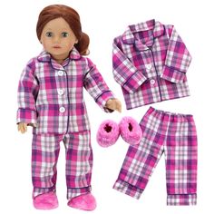 Pajama Slippers, Kids Flannel, Pink Flannel, Doll Case, Fluffy Slippers, Cute Pajama Sets, Pink Slippers, Our Generation Dolls, Pink Pajamas