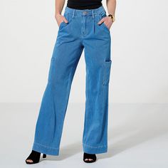 DG2 by Diane Gilman Super Stretch Knit Denim Wide-Leg Cargo Jean  Diane's '90s boyfriend-inspired cargo jeans are bound to be your new go-to this season with their handy cargo pockets, classic design and the flattering super-stretch knit fabric that looks like denim but feels like your favorite pair of worn-in sweats. 90s Boyfriend, Knit Denim, Draped Fabric, Cargo Jeans, Wide Leg Denim, Denim Fabric, Soft Knits, Denim Fashion, Jeans Style