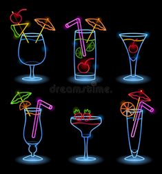 neon cocktail glasses with different drinks on black background royalty illustration