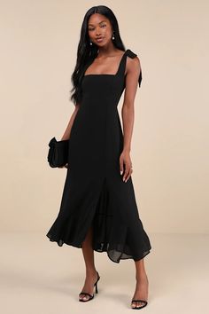 Black Chiffon Dress - Tie-Strap Midi Dress - Tiered Midi Dress - Lulus Summer Invite, Black Mesh Shirt, Fall Dresses For Women, Cocktail Wedding Attire, Midi Wedding Guest Dress, Dresses For Fall, Black Tie Attire, Black Chiffon Dress, Cozy Sweater Dress