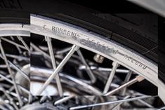 the front wheel and spokes of a motorcycle are shown in three different pictures, one is black and white