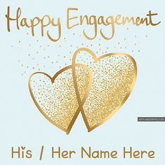 two golden hearts with the words happy engagement written on them and confetti sprinkled in gold