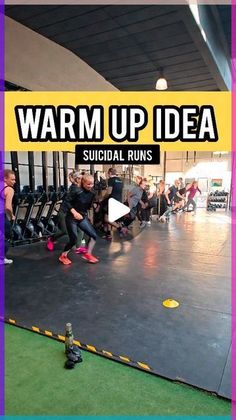 a group of people in a gym with the words warm up idea written on it