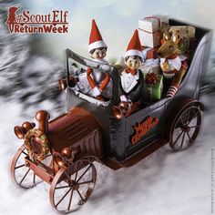 three teddy bears are riding in an old fashioned car with santa hats and stockings on