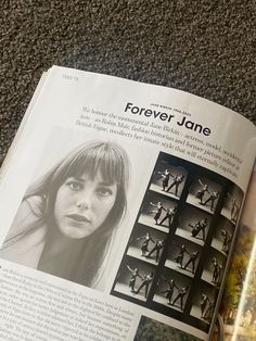 an open magazine with pictures of women in the pages and text on it that reads forever jane