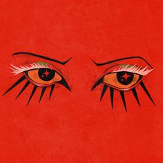 an eye with long lashes and orange eyeshade on red background, illustration by person