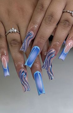 Blue Nail Acrylic Ideas, Jhene Aiko Nail Ideas, Chola Nails Acrylic, Album Cover Nails, Airbrush Nail Designs, Birthday Nails Inspiration, Birthday Nail Set Ideas, Dominican Nails, Airbrush Nail Art