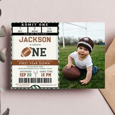 American Football First Year Down Birthday Photo Invitation Second Down Birthday Football, Football First Birthday, 2nd Birthday Photos, Boys 1st Birthday Party Ideas, Football Birthday Party, One Year Birthday, Birthday Themes For Boys, Photo Birthday Invitations, Football Themes