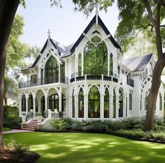 a large white house sitting on top of a lush green field