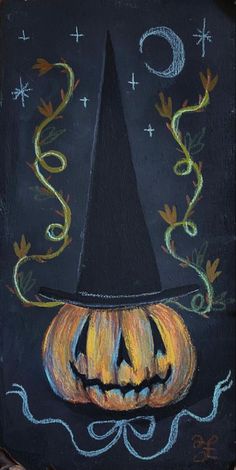 a chalkboard drawing of a witches hat with pumpkins and swirls on it