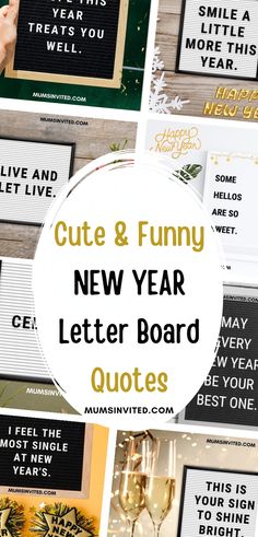 new year's greeting cards with the words cute and funny in gold lettering on them