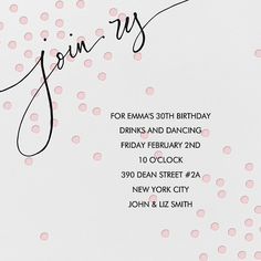 a pink and white party card with the word gin's written in cursive writing