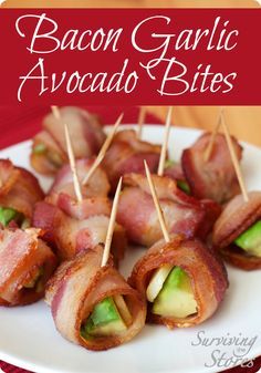 bacon and avocado bites on a white plate