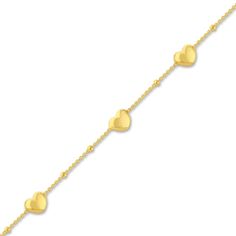 Playful puffy hearts and dazzling beads brighten shimmering stations around this meaningful semi-solid women's bracelet. Fashioned in 14K yellow gold, the adjustable 6.8-inch cable chain secures in place with a lobster clasp. Station Bracelet, Jared The Galleria Of Jewelry, Puffy Heart, Cable Chain, Womens Bracelets, Lobster Clasp, Cable, Yellow Gold, Bracelet