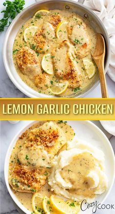 lemon garlic chicken with gravy in a skillet