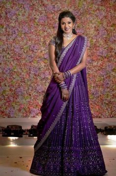 Purple Dress Outfit Wedding Indian, Solid Colour Lehenga, Reception Half Sarees, Half Sarees For Reception, Leghanga Half Saree, Half Saree For Reception, Sangeeth Dress Designs, Lehanga For Reception Bridal