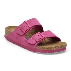 Arizona Soft Footbed Suede Leather Fuchsia Tulip | BIRKENSTOCK Comfortable Pink Sandals With Arch Support, Comfortable Pink Footbed Sandals With Textured Footbed, Comfortable Pink Footbed Sandals With Textured Sole, Comfortable Pink Textured Footbed Sandals, Pink Sandals With Arch Support And Adjustable Fit, Pink Leather Slides With Branded Insole, Adjustable Pink Sandals With Arch Support, Pink Leather Footbed Sandals With Textured Footbed, Pink Slide Sandals With Cushioned Footbed