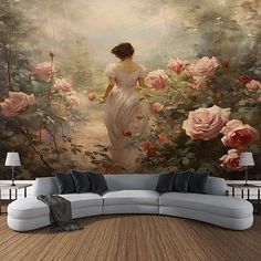 a woman in white dress walking through roses wall mural