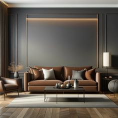 a modern living room with brown furniture and wood flooring is pictured in this image