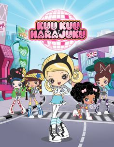 the cartoon character is crossing the street in front of many other characters, including two girls and one boy