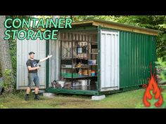 a man standing in front of a storage shed with the words container storage on it