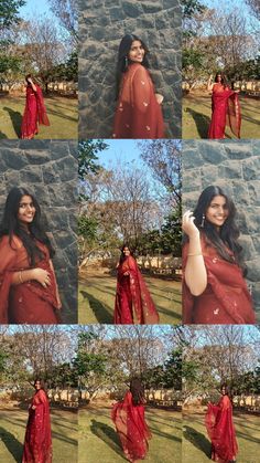 a woman in red is posing with her hands on her hips and wearing a red sari