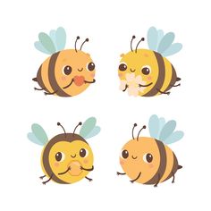 four bees with different expressions on their faces