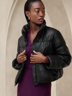 Fitted Vegan Leather Puffer | Banana Republic Factory Leather Puffer Jacket, Leather Puffer, Banana Republic Factory, Funnel Neck, Leather Mini, Funnel, Puffer Jacket, Modern Woman, Front Zipper