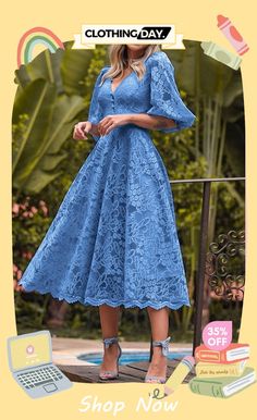 Solid Color Mid-sleeve Elegant Lace Midi Dress Half Puff Sleeve, White Dress Aesthetic, Lace Dress Styles, Gaun Fashion, Evening Dresses With Sleeves, Blue Evening Dresses, Dress Sleeve Styles, Lace Dress With Sleeves, Guest Dresses